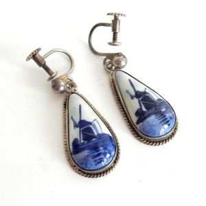 Vintage Delft Dutch Pottery Droplet Earrings Signed